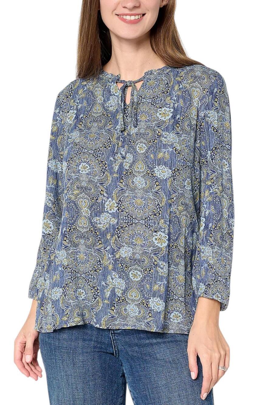 Denim & Co. Women's Printed Bracelet Slv Popover Top w Tassels Navy - Regular